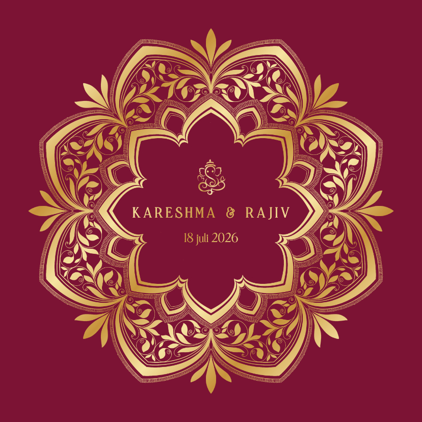 Trouwkaarten - Trouwkaart leafy mandala met goudfolie en Ganesha icoon