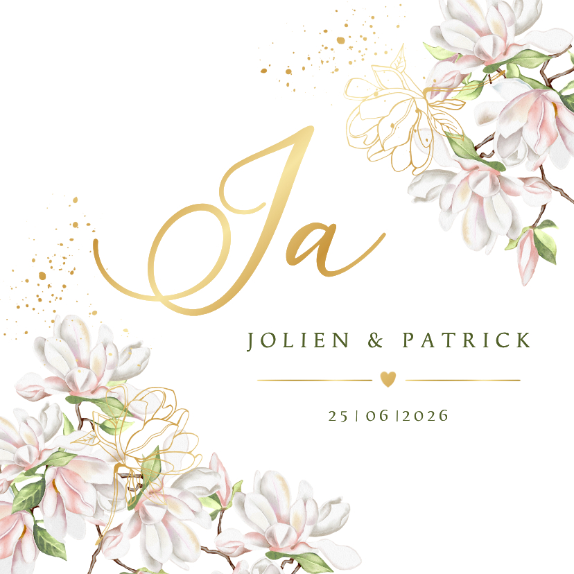 Trouwkaart magnoliatakken met goudfolie - Trouwkaarten Trouwkaarten - Trouwkaart magnoliatakken met goudfolie