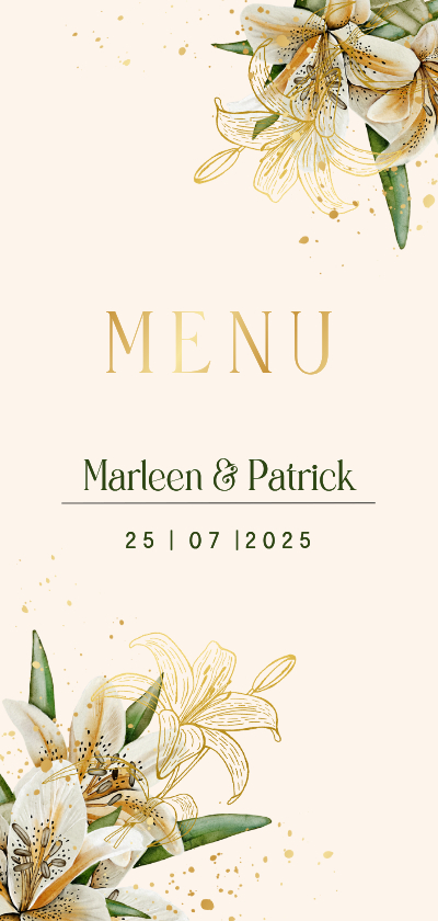 Trouwkaart menu witte lelies goudfolie - Trouwkaarten Trouwkaarten - Trouwkaart menu witte lelies goudfolie