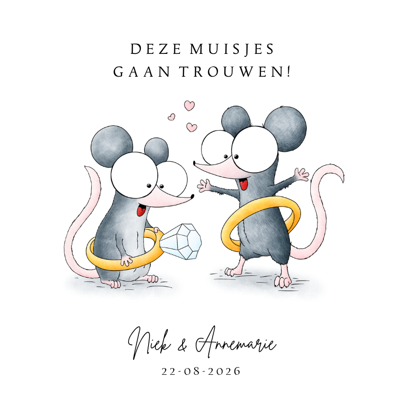 Trouwkaart met muisjes met ringen - Trouwkaarten Trouwkaarten - Trouwkaart met muisjes met ringen