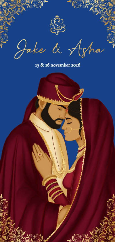 Trouwkaart met romantisch Indiaas bruidspaar in bordeaux - Trouwkaarten Trouwkaarten - Trouwkaart met romantisch Indiaas bruidspaar in bordeaux