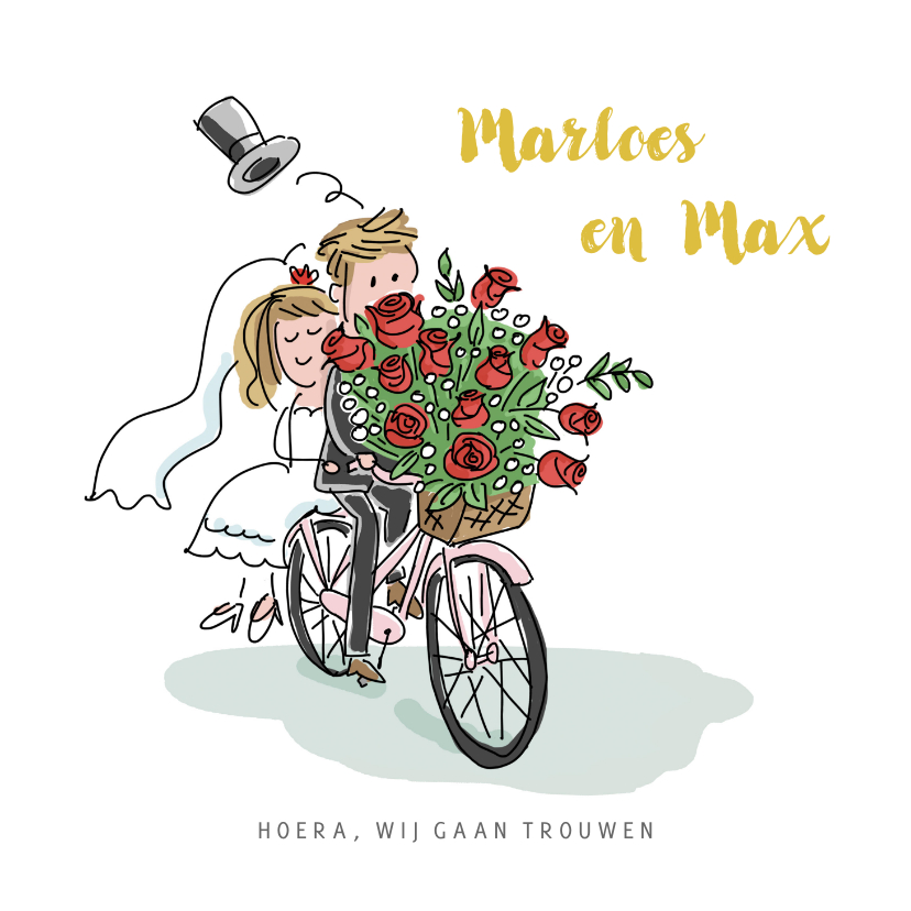 Trouwkaart met stel op een fiets met rozen - Trouwkaarten Trouwkaarten - Trouwkaart met stel op een fiets met rozen