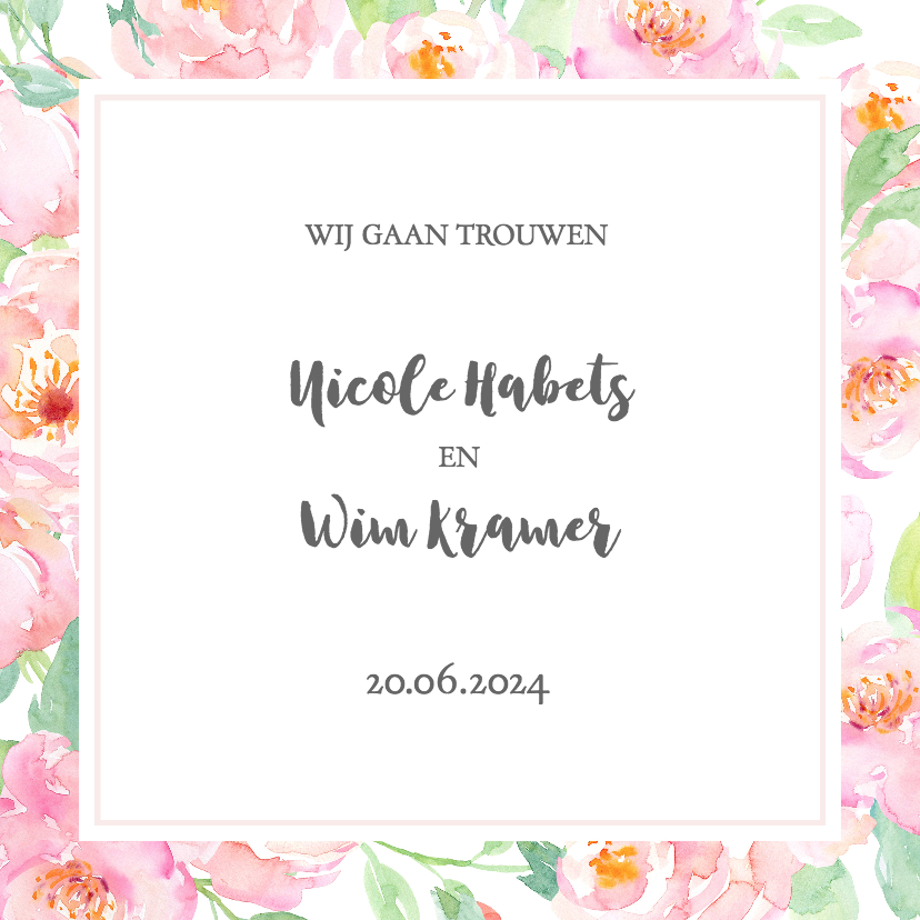 Trouwkaart pastel rozen met kader - Trouwkaarten Trouwkaarten - Trouwkaart pastel rozen met kader