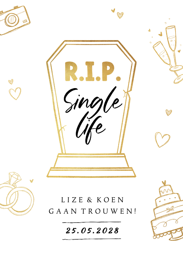 Trouwkaart R.I.P. single life grappig symbolen goud - Trouwkaarten Trouwkaarten - Trouwkaart R.I.P. single life grappig symbolen goud
