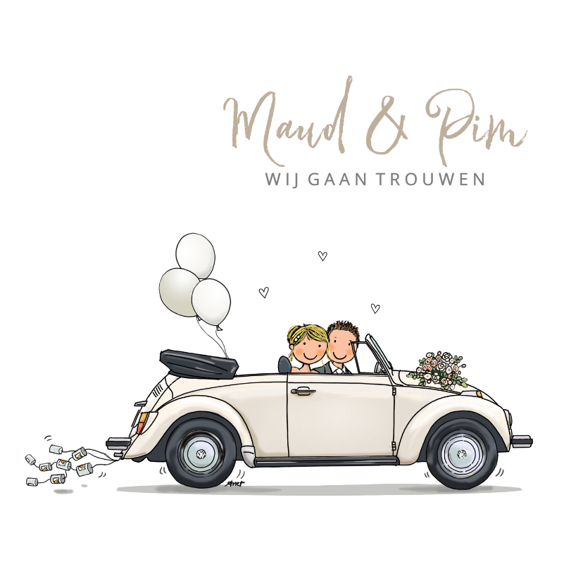 Trouwkaarten - Trouwkaart retro cabrio
