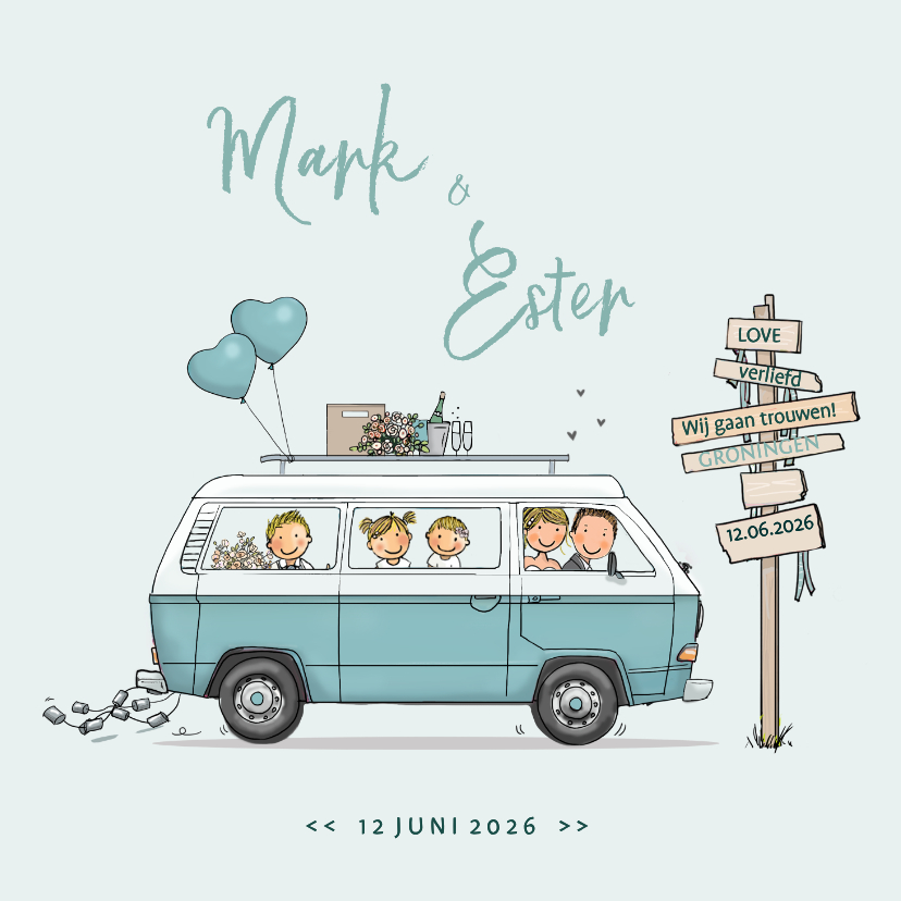 Trouwkaarten - Trouwkaart retrobus aqua