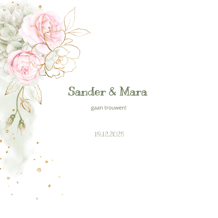 Trouwkaart roze rozen met goud - Trouwkaarten Trouwkaarten - Trouwkaart roze rozen met goud