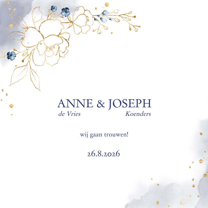 Trouwkaart rozen blauw-goud - Trouwkaarten Trouwkaarten - Trouwkaart rozen blauw-goud