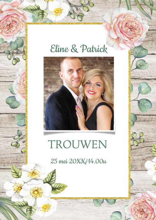 Trouwkaart rozen houtlook - Trouwkaarten Trouwkaarten - Trouwkaart rozen houtlook