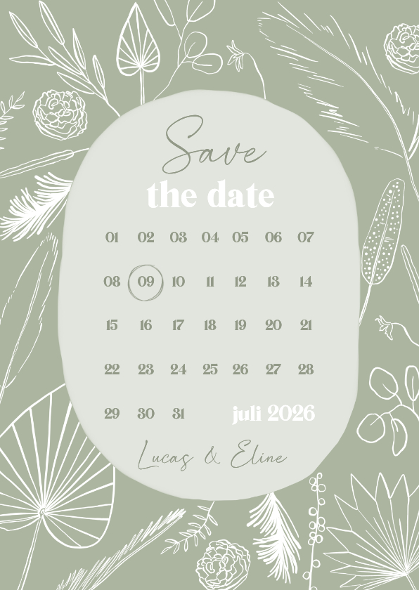 Trouwkaart save the date bohemian lijntekening kalender - Trouwkaarten Trouwkaarten - Trouwkaart save the date bohemian lijntekening kalender