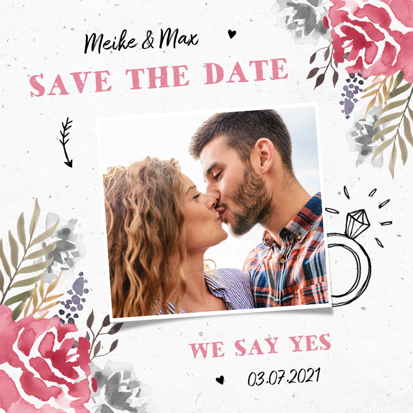 Trouwkaarten - Trouwkaart save the date bohemian met waterverf bloemen