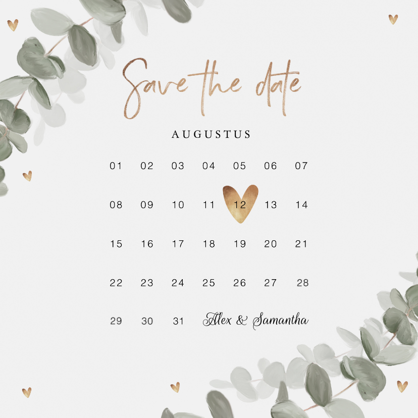 Trouwkaart save the date eucalyptus goud hartjes - Trouwkaarten Trouwkaarten - Trouwkaart save the date eucalyptus goud hartjes