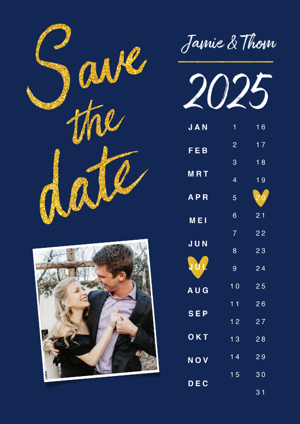 Trouwkaarten - Trouwkaart save the date goud kalender