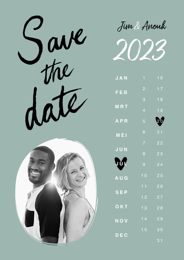 Trouwkaart save the date hip kalender hartjes - Trouwkaarten Trouwkaarten - Trouwkaart save the date hip kalender hartjes