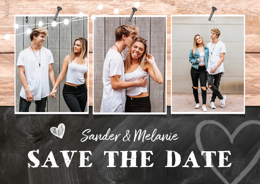 Trouwkaart save the date hout krijtbord foto's - Trouwkaarten Trouwkaarten - Trouwkaart save the date hout krijtbord foto's