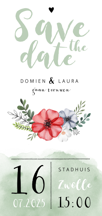 Trouwkaarten - Trouwkaart Save the date met waterverf en bloemen