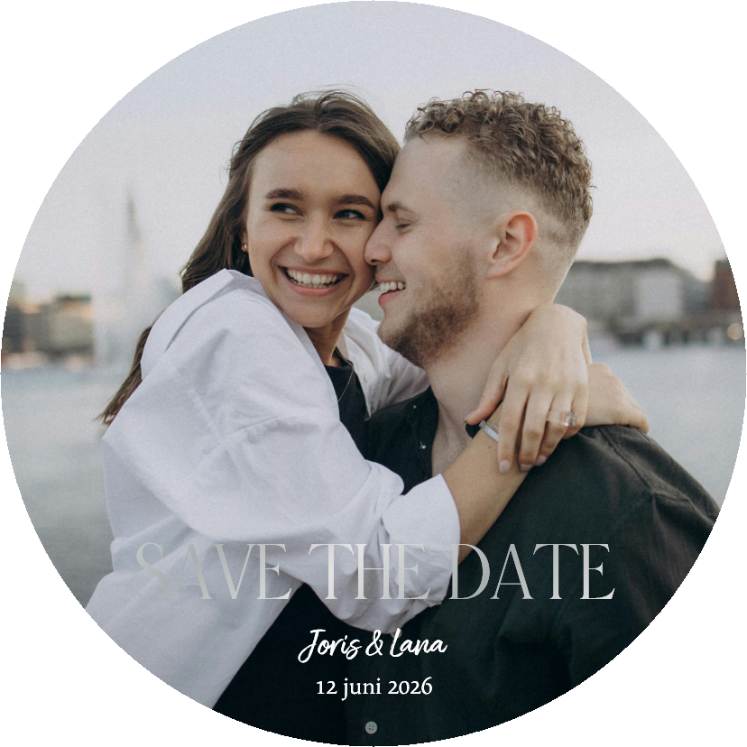 Trouwkaarten - Trouwkaart save the date rond zilverfolie grote foto