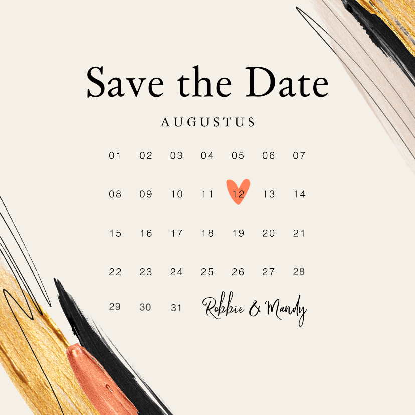 Trouwkaart save the date verf trend kalender hartje goud - Trouwkaarten Trouwkaarten - Trouwkaart save the date verf trend kalender hartje goud