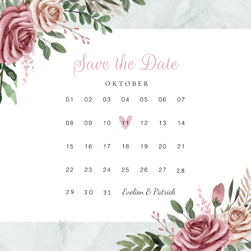 Trouwkaarten - Trouwkaart save the date vintage bloemen kalender