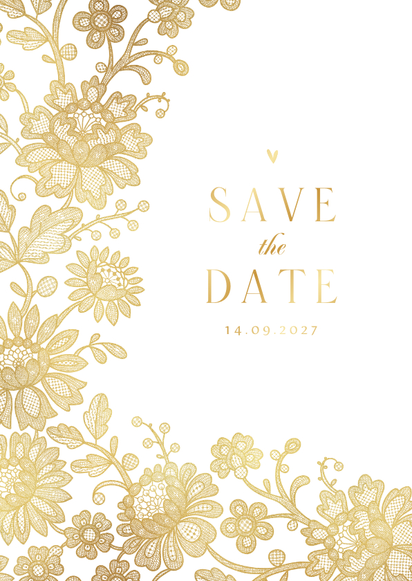 Trouwkaart save the date vintage kant goud bloemen hartjes