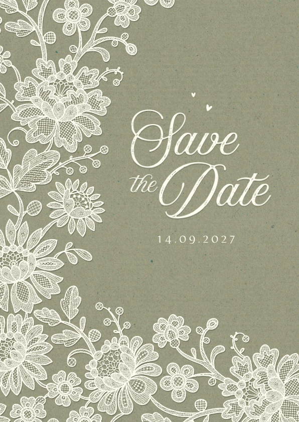 Trouwkaarten - Trouwkaart save the date vintage kant kraft groen klassiek