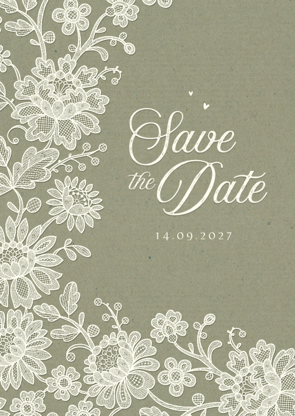 Trouwkaarten - Trouwkaart save the date vintage kant kraft groen klassiek