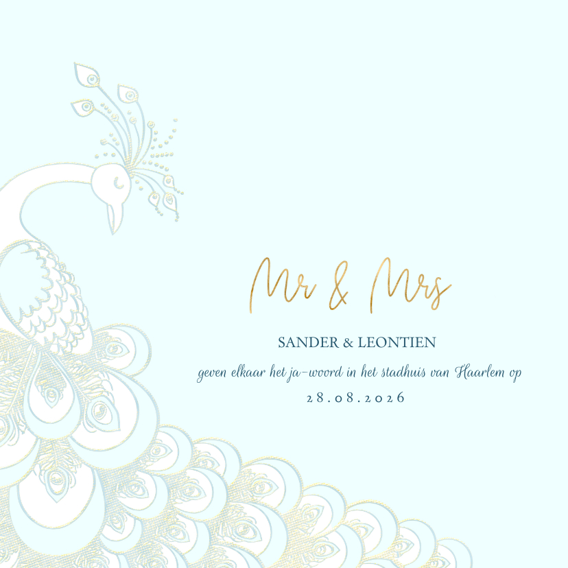 Trouwkaart sierlijke pauw wit/goud op blauw - Trouwkaarten Trouwkaarten - Trouwkaart sierlijke pauw wit/goud op blauw