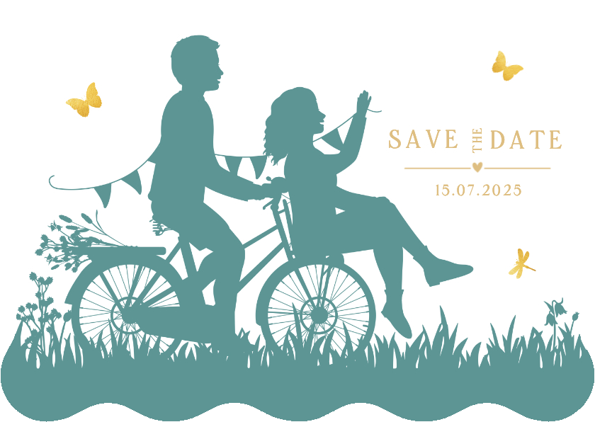 Trouwkaarten - Trouwkaart silhouet samen op 1 fiets met golfrand