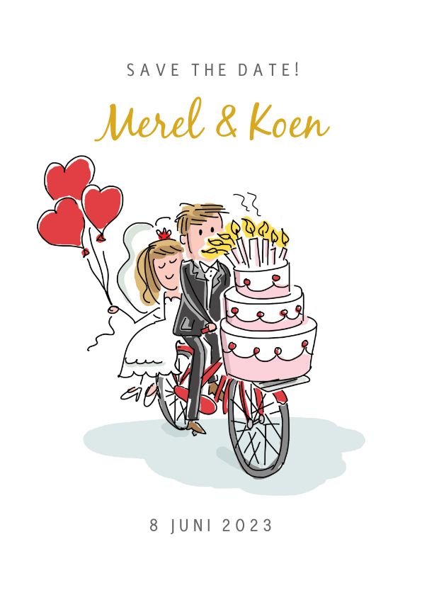 Trouwkaart stel op fiets en taart met rode ballonnen - Trouwkaarten Trouwkaarten - Trouwkaart stel op fiets en taart met rode ballonnen
