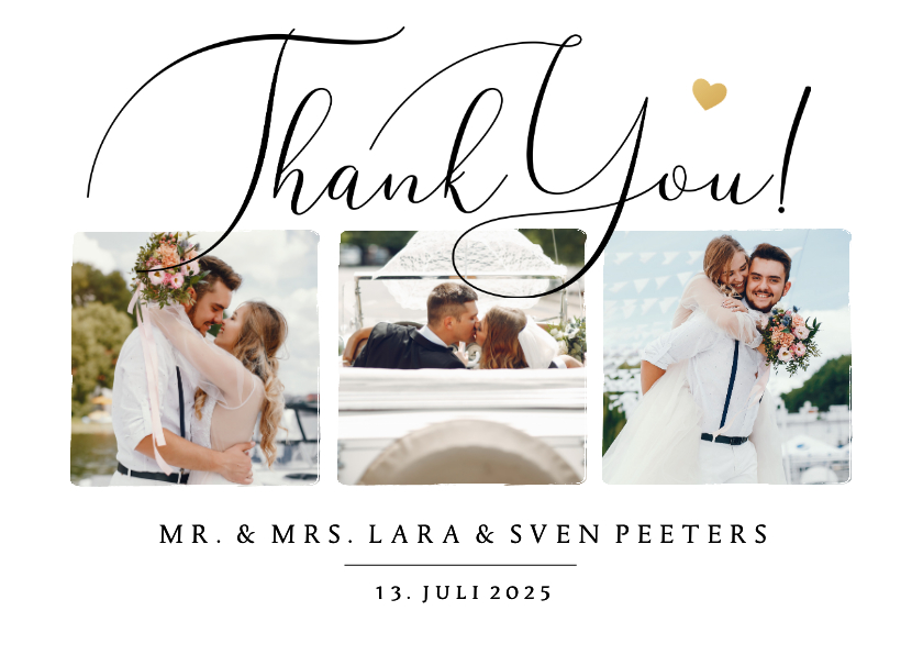 Trouwkaart stijlvol bedankt thank you foto hartje goud - Trouwkaarten Trouwkaarten - Trouwkaart stijlvol bedankt thank you foto hartje goud