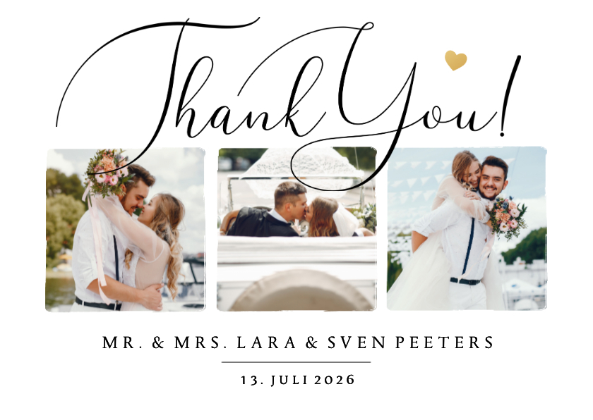 Trouwkaarten - Trouwkaart stijlvol bedankt thank you foto hartje goud