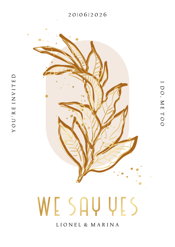 Trouwkaart stijlvol botanisch lijnillustratie foliedruk goud - Trouwkaarten Trouwkaarten - Trouwkaart stijlvol botanisch lijnillustratie foliedruk goud