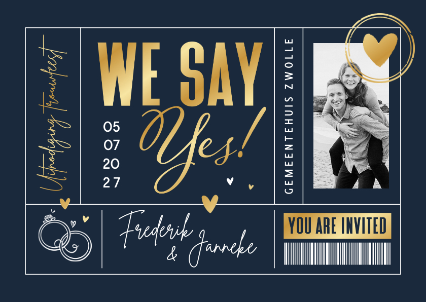 Trouwkaart ticket hartje ringen foto goud uitnodiging foto Trouwkaart ticket hartje ringen foto goud uitnodiging foto