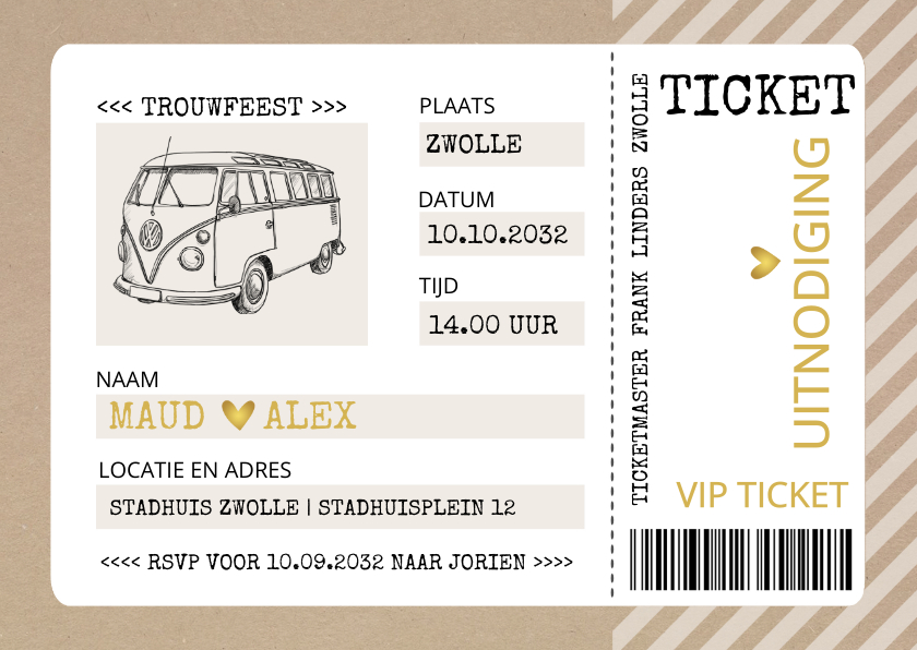 Trouwkaarten - Trouwkaart ticket kraftlook met vw busje