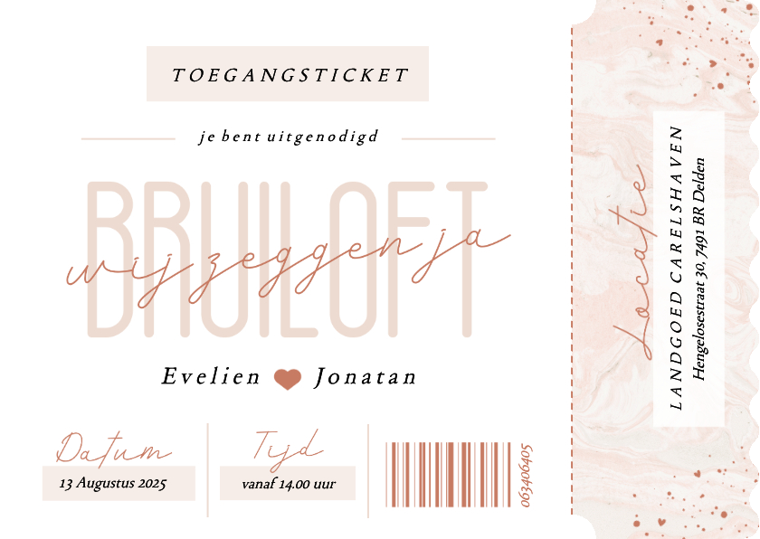 Trouwkaarten - Trouwkaart ticket met roze marmer en hartjes