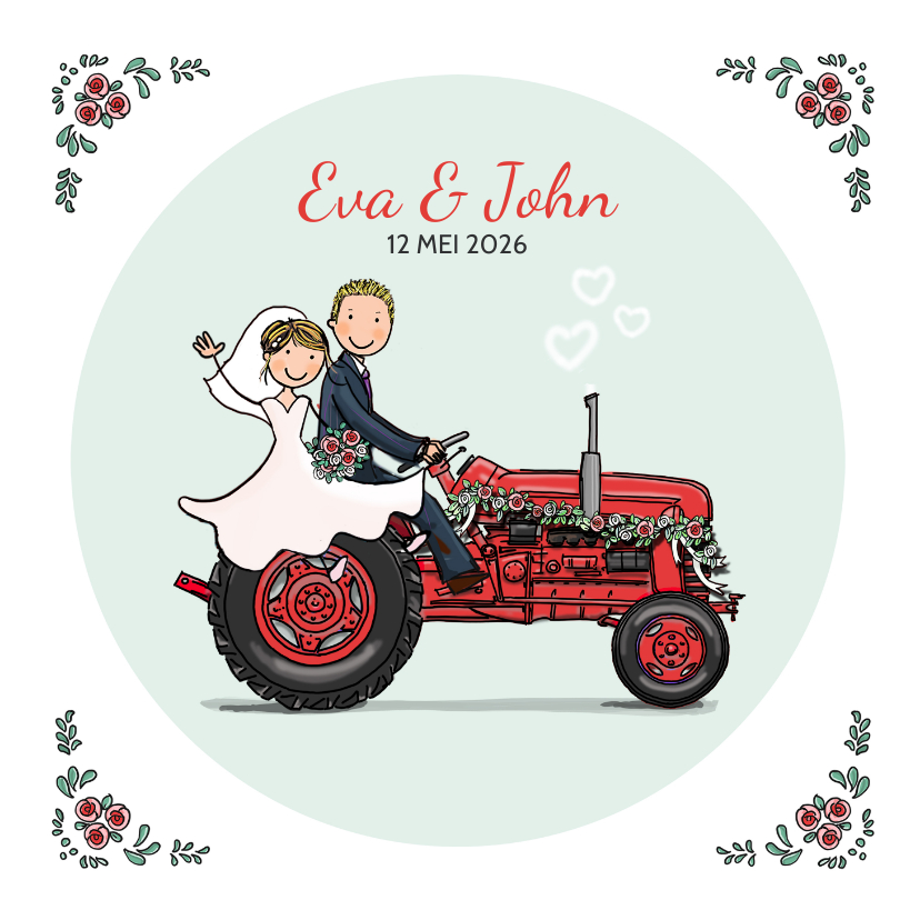 Trouwkaart tractor rood met bruidspaar