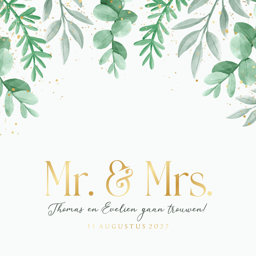 Trouwkaarten - Trouwkaart uitnodiging Mr and Mrs eucalyptus goud