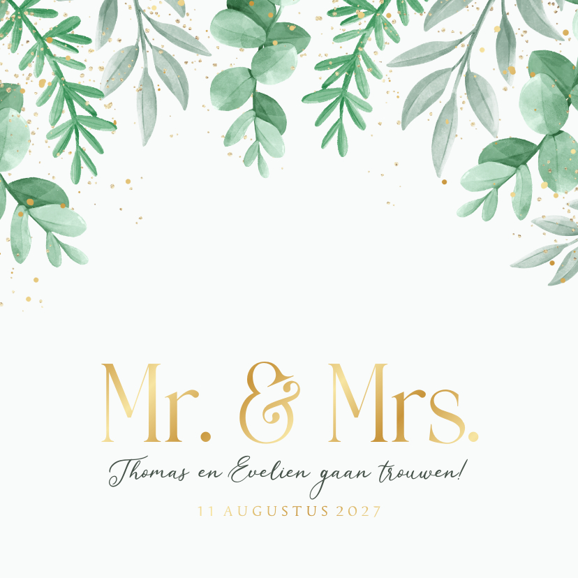 Trouwkaart uitnodiging Mr and Mrs eucalyptus goud - Trouwkaarten Trouwkaarten - Trouwkaart uitnodiging Mr and Mrs eucalyptus goud
