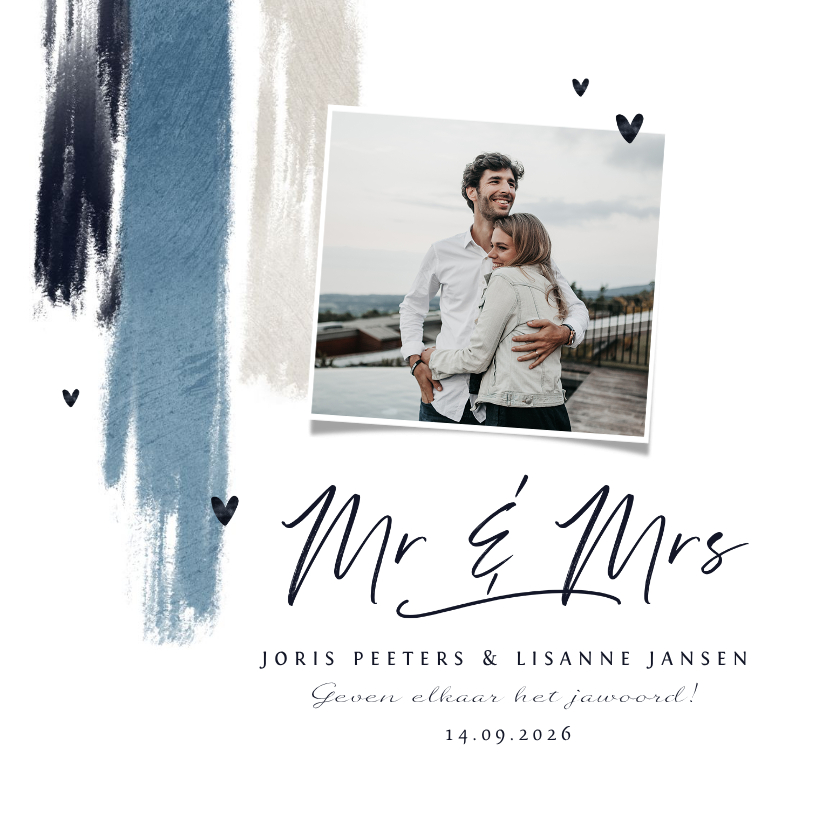 Trouwkaarten - Trouwkaart uitnodiging stijlvol blauw verf hartjes foto