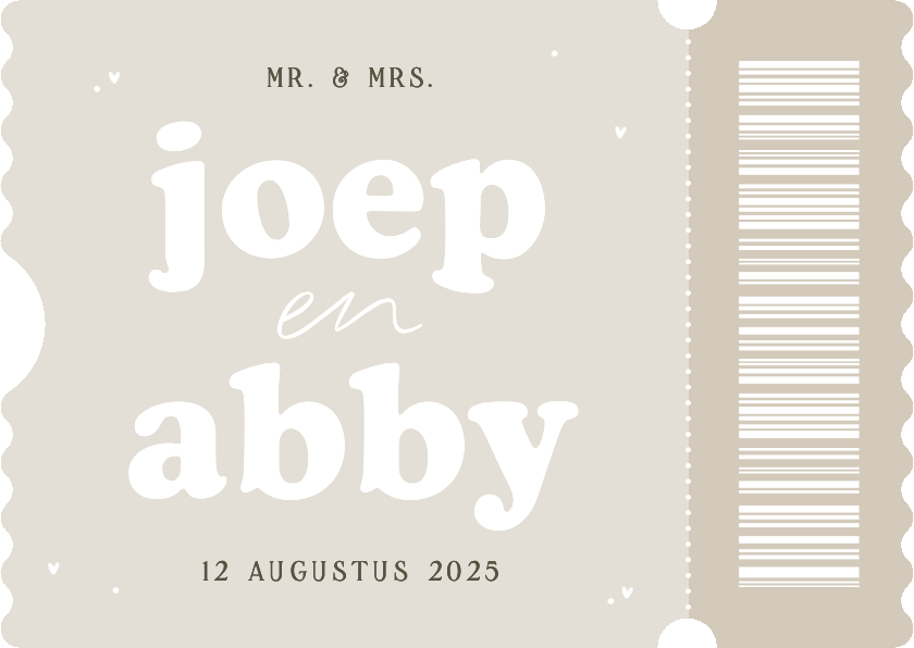 Trouwkaart uitnodiging ticket minimalistisch beige - Trouwkaarten Trouwkaarten - Trouwkaart uitnodiging ticket minimalistisch beige