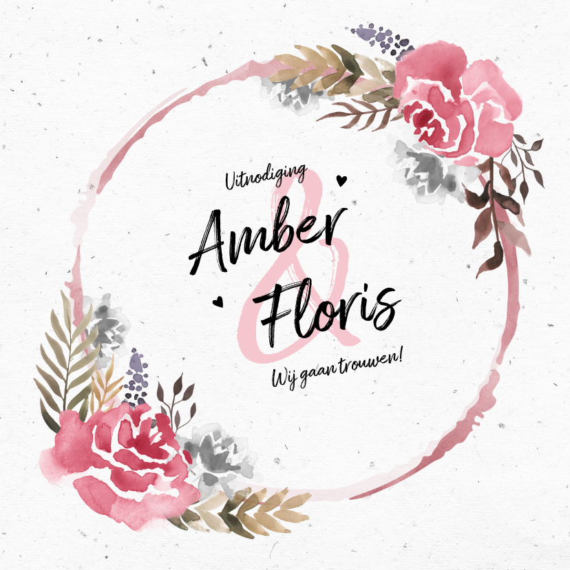 Trouwkaarten - Trouwkaart uitnodiging vintage bohemian  waterverf bloemen