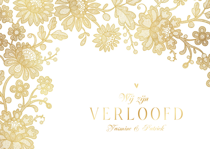 Trouwkaarten - Trouwkaart verloofd vintage kant goud bloemen hartjes