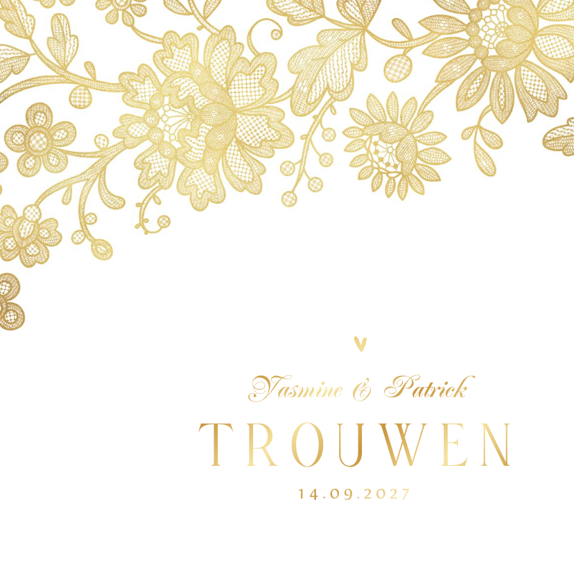 Trouwkaarten - Trouwkaart vintage kant goud bloemen hartjes