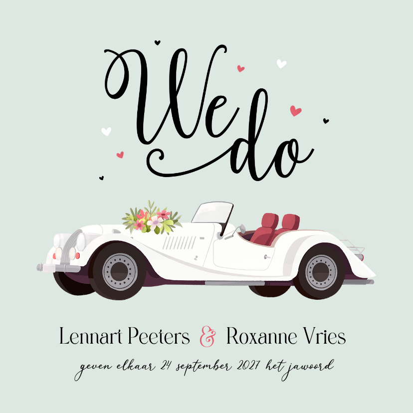 Trouwkaart vintage oldtimer trouwauto hartjes bloemen Trouwkaart vintage oldtimer trouwauto hartjes bloemen