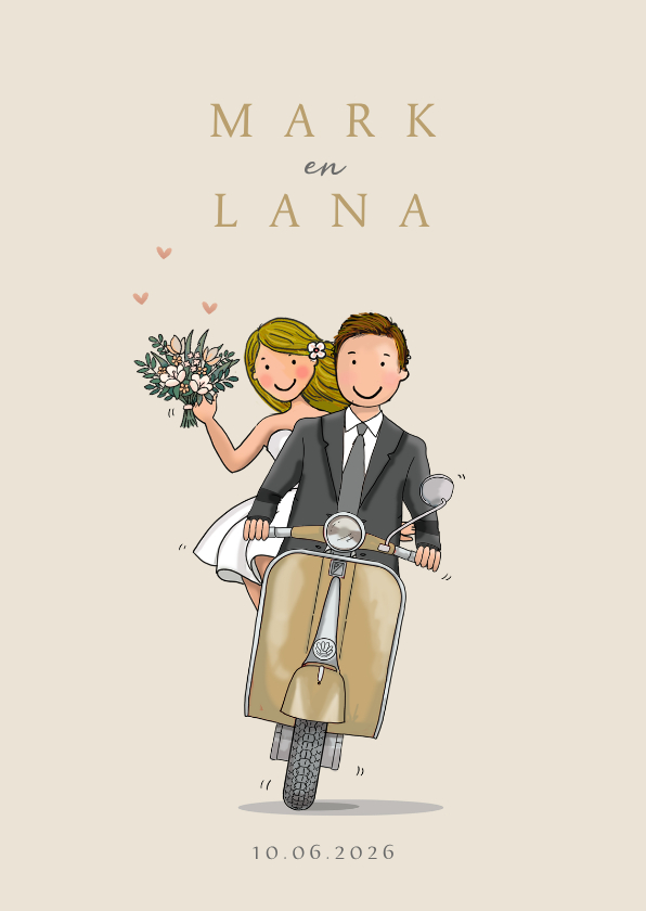Trouwkaart voorkant scooter goud met bruidspaar - Trouwkaarten Trouwkaarten - Trouwkaart voorkant scooter goud met bruidspaar