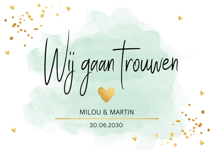 Trouwkaart waterverf mintgroen goudlook hartjes rechthoekig - Trouwkaarten Trouwkaarten - Trouwkaart waterverf mintgroen goudlook hartjes rechthoekig