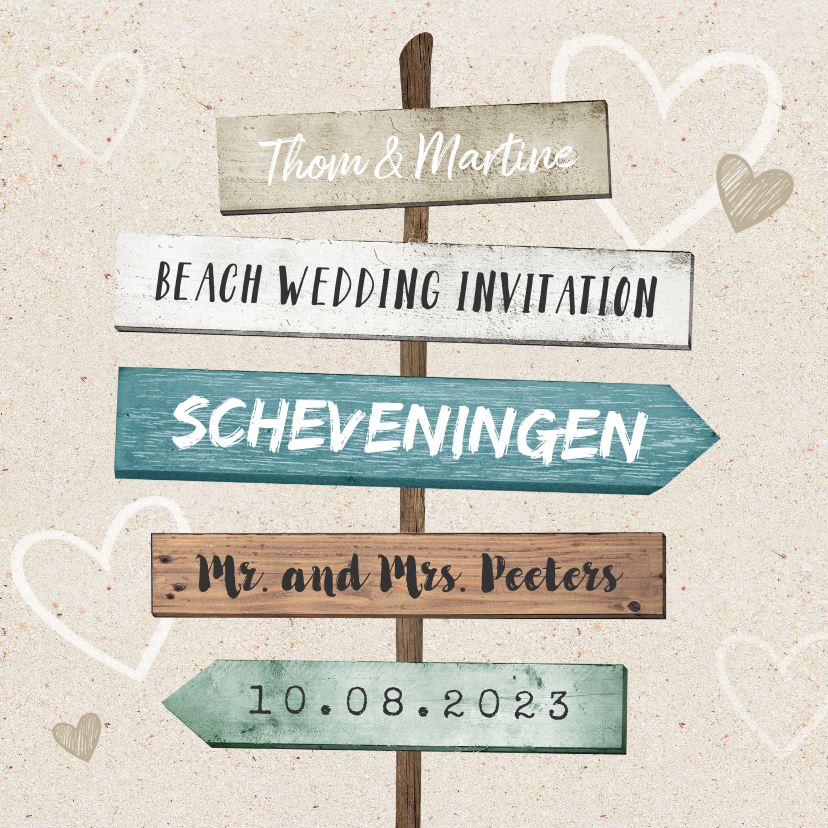 Trouwkaart wegwijzers strand hartjes - Trouwkaarten Trouwkaarten - Trouwkaart wegwijzers strand hartjes