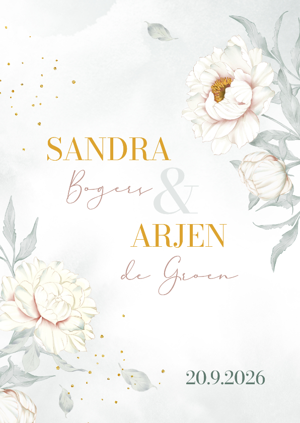 Trouwkaarten - Trouwkaart witte Pioenrozen met goudlook