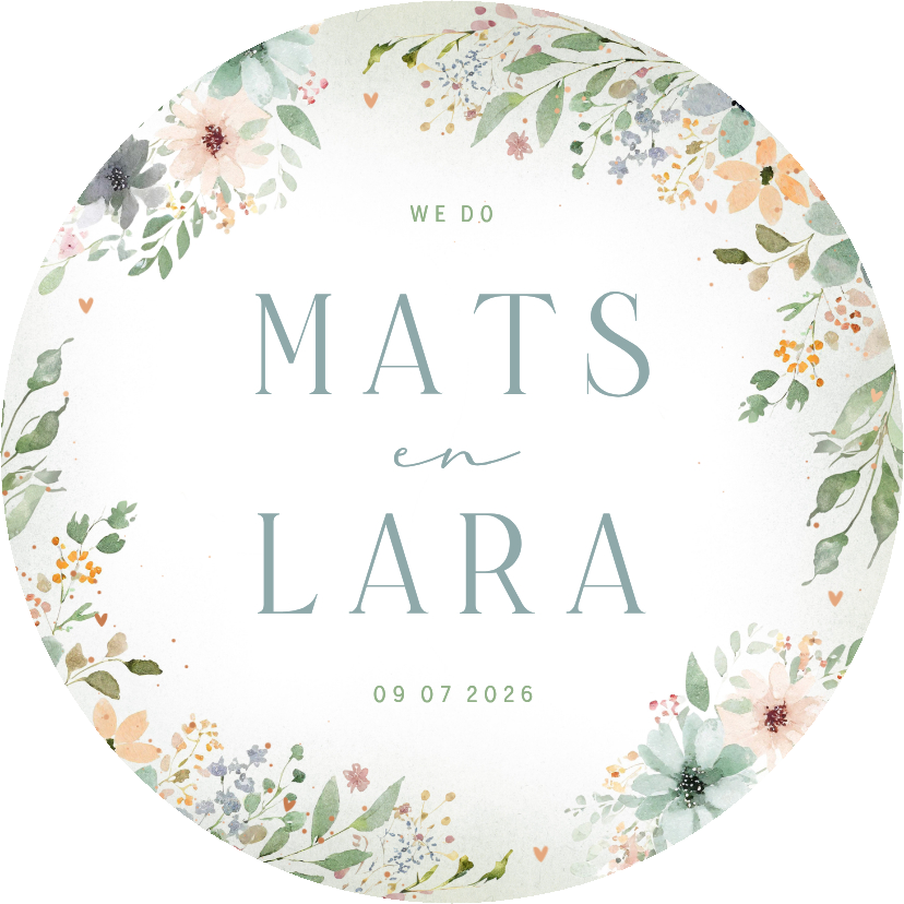 Trouwkaarten - Trouwkaartje met kader van bloemen waterverf in cirkelvorm