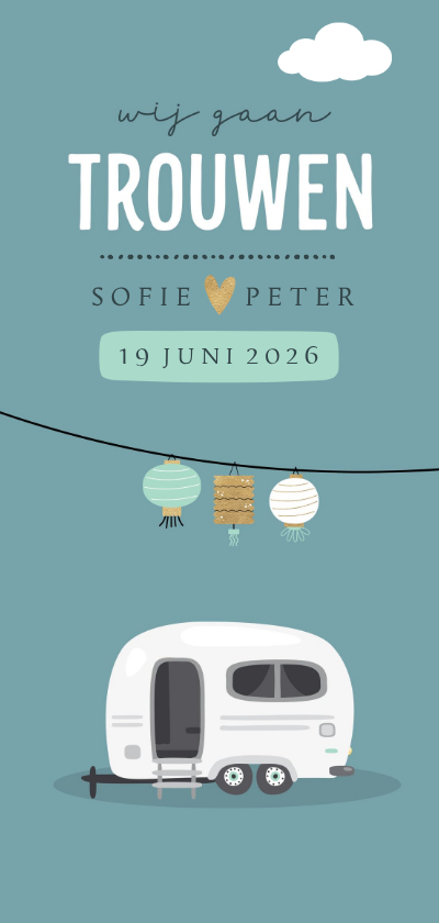 Trouwkaarten - Trouwuitnodiging met caravan en lantaarn